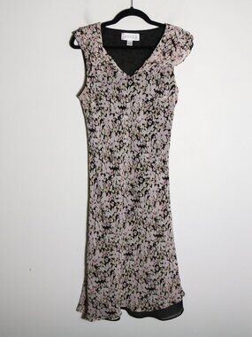 Vintage Casual Corner 90s Silk Slip Midi Dress 12 Pink Floral Romantic Flutter